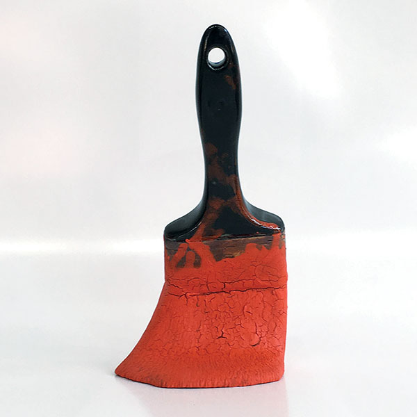 5 Tim Kowalczyk’s Leaning Orange Brush, 7½ in. (19 cm) in height, handbuilt medium-dark stoneware, underglaze, glaze, fired to cone 6 in oxidation, 2017. 