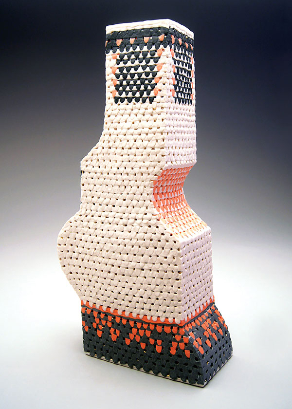 6 Bottomless Pit Series 1, 20 in. (51 cm) in height, handbuilt porcelain, colored porcelain, fired to cone 6 in oxidation, gold luster, fired to cone 018 in oxidation, 2018.