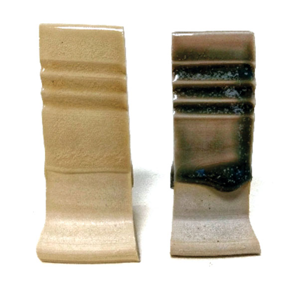 3 Color results from 0.50 grams of silver nitrate, suspended in a 100-gram sample of Ron Roy’s clear base, and fired to cone-6 oxidation, left, and cone-10 reduction, right. 