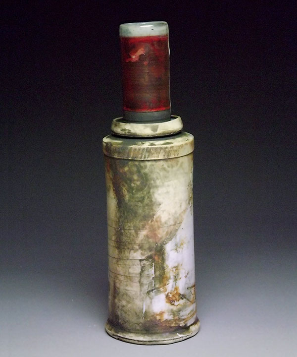 3 Tim See’s Oil Bottle from the More Mars series, 8 in. (20 cm) in height, stoneware, porcelain slip, underglaze, gas fired to cone 10, 2016.