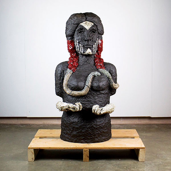 3 Snake Woman, approximately 50 in. (1.3 m) in height, stoneware, glaze, 2019. Courtesy of Caddo Mounds State Historic Site, Alto, Texas.