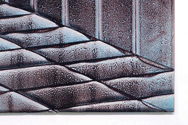 3 Hot Flash/Cold Ash (detail), 24 in. (61 cm) in height, commercial ceramic panels, glaze, fired in reduction to cone 6, 2021.