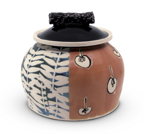 2 HP Bloomer’s jar, 11 in. (28 cm) in diameter, wheel-thrown porcelain, digitally-cut stencil glaze masking.