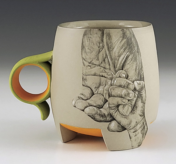1 Juan Barroso’s Familia Mug, 3¾ in. (9.5 cm) in height, hand-painted underglaze on stained porcelain, fired in oxidation to cone 6, 2023.