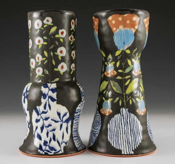 2 Marissa Y Alexander’s pair of vases, 8¼ in. (21 cm) in height each, handbuilt and pinched white stoneware, various slip-trailed glazes, fired to cone 5, 2023.