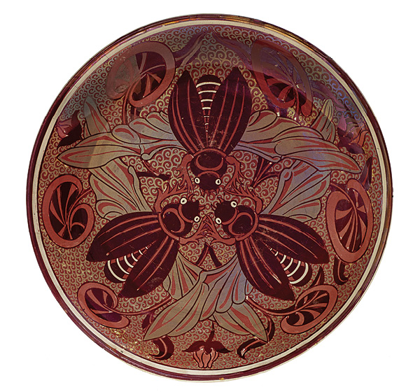 2 William De Morgan’s Ruby Lustre Dish with Beetle Pattern, 14 in. (35.5 cm) in diameter, lustre-glazed earthenware, 1872–1882.