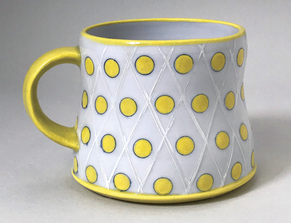 1 Mug with Yellow Dots, 31/2 in. (8.9 cm) in diameter, wheel-thrown porcelain, underglaze inlays, fired to cone 10.