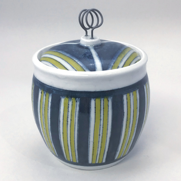 3 Sugar Jar with Blue and Green Stripes, 6 in. (15.2 cm), wheel-thrown porcelain, underglaze inlays, Kanthal wire, fired to cone 10.