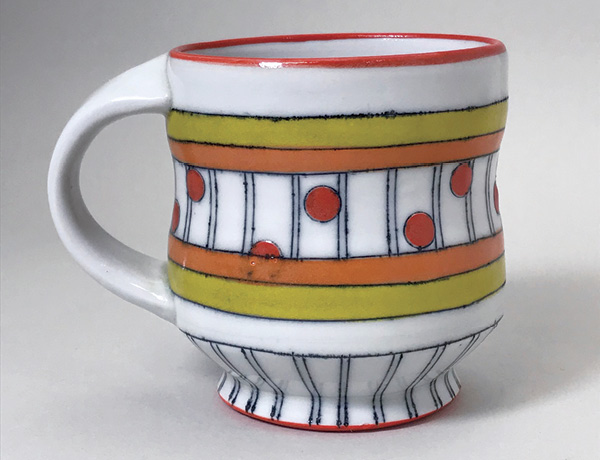 7 Mug with Red Dots and Colored Stripes, 3 in. (7.6 cm) in height, wheel-thrown porcelain, underglaze inlays, fired to cone 10.