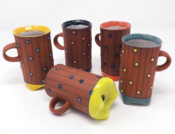 8 Folded Espresso Cups, 4 in. (10.2 cm) in height, earthenware, handbuilt, underglazes, fired to cone 5.