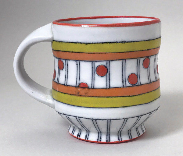 3 Nan Coffin’s Mug with Red Dots and Colored Strips, 3 in. (7.6 cm) in height, wheel-thrown porcelain, underglaze inlays, Third Pottery Clear, fired to cone 10.