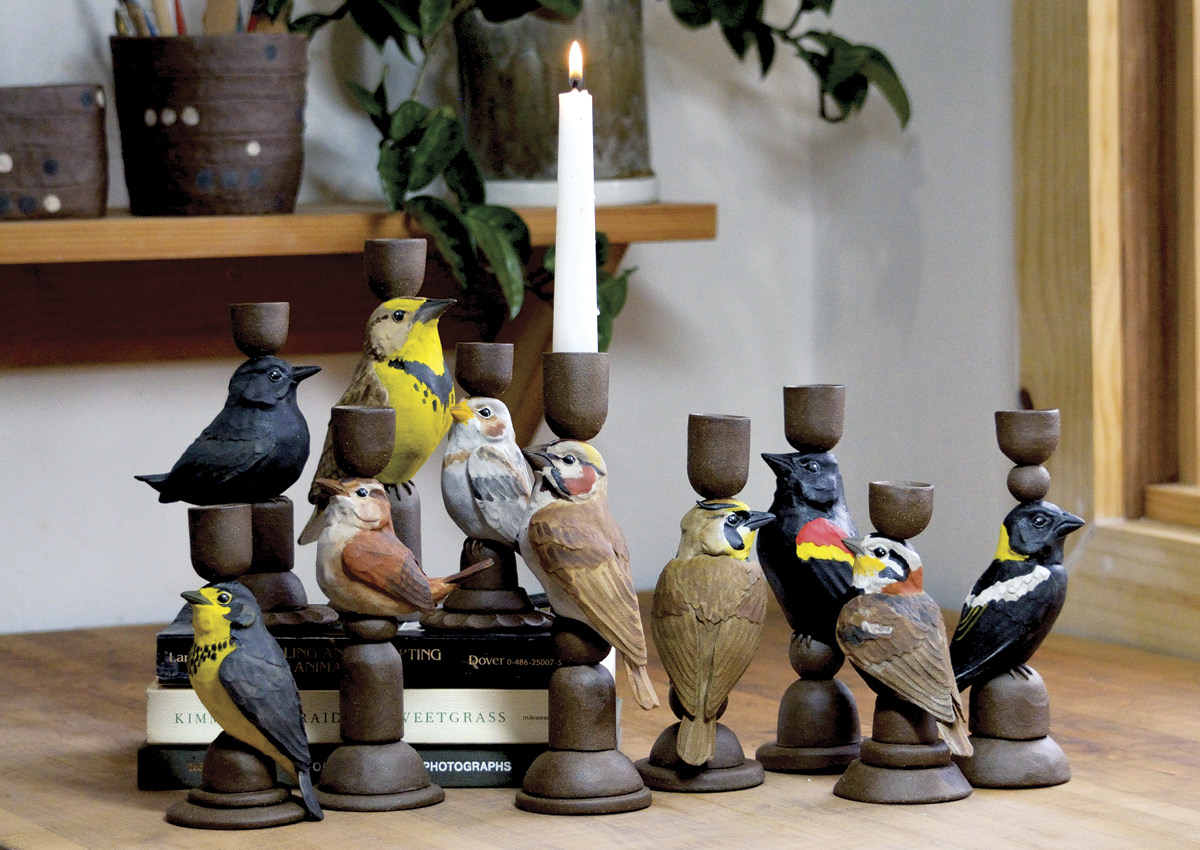 Grouping of native songbird candlesticks, 6–10 in. (15.2–25.4 cm) in height, ceramic, slip, underglaze.