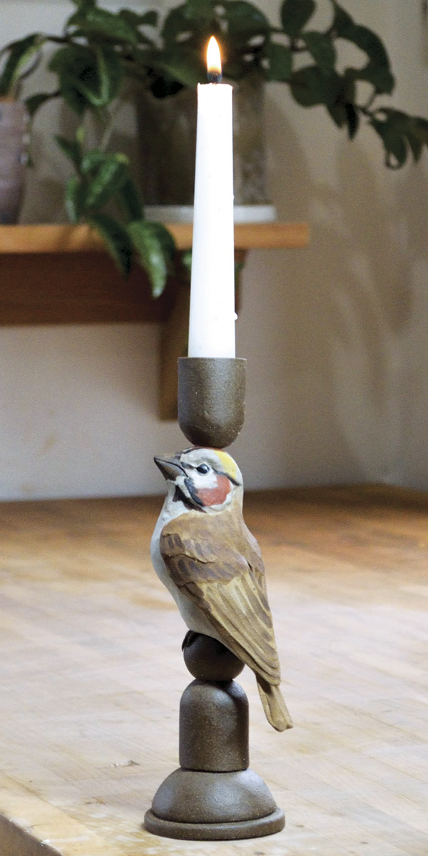 Lark Sparrow Candlestick, 10 in. (25.4 cm) in height, ceramic, slip, underglaze.
