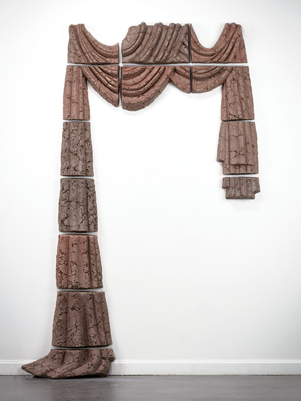 Untitled (Curtain), 7 ft. 4 in. (2.2 m) in height, press-molded earthenware, fired in oxidation to cone 04, 2020.