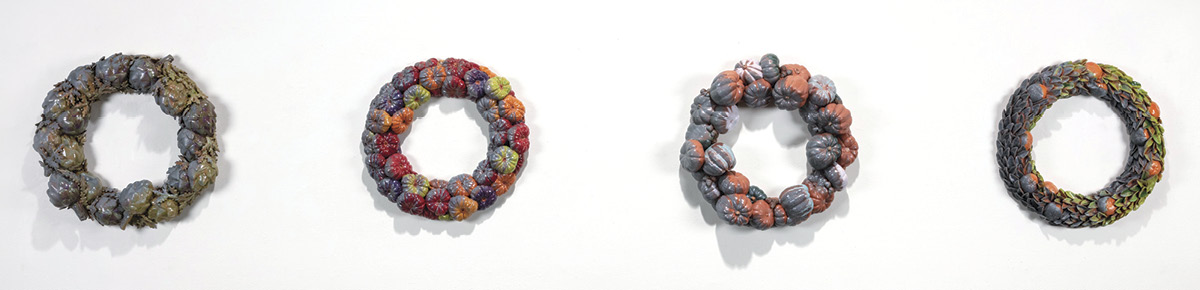 3 Harvest Wreaths, to 191/2 in. (49.5 cm) in diameter, earthenware, fired in oxidation to cone 04, 2023.