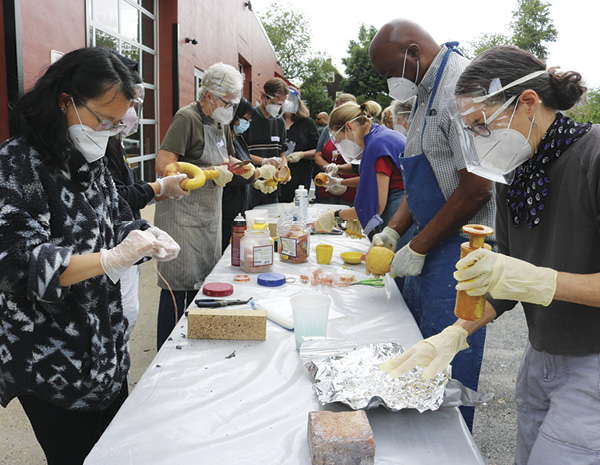 10 Summer 2023 Visiting Artist Workshop with James C. Watkins and Paul Andrew Wandless demonstrating how they use alternative firing methods and printmaking processes to address the surfaces of thrown and handbuilt clay work.