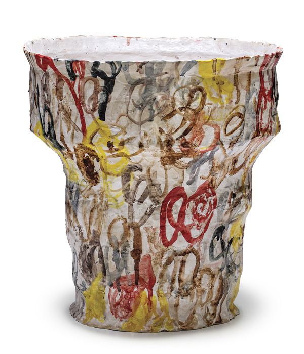 1 Stephen Benwell’s large vase, chimney shaped, 13¾ in. (35 cm) in height, earthenware, underglaze, glaze, 2015.