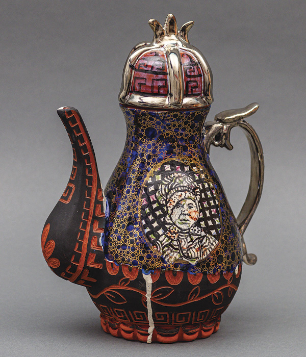 2 Roberto Lugo’s The Queen and I, 11⅜ in. (28.9 cm) in height, terra cotta, glaze, china paint, 2018. Photo: Jarvis Lawson.