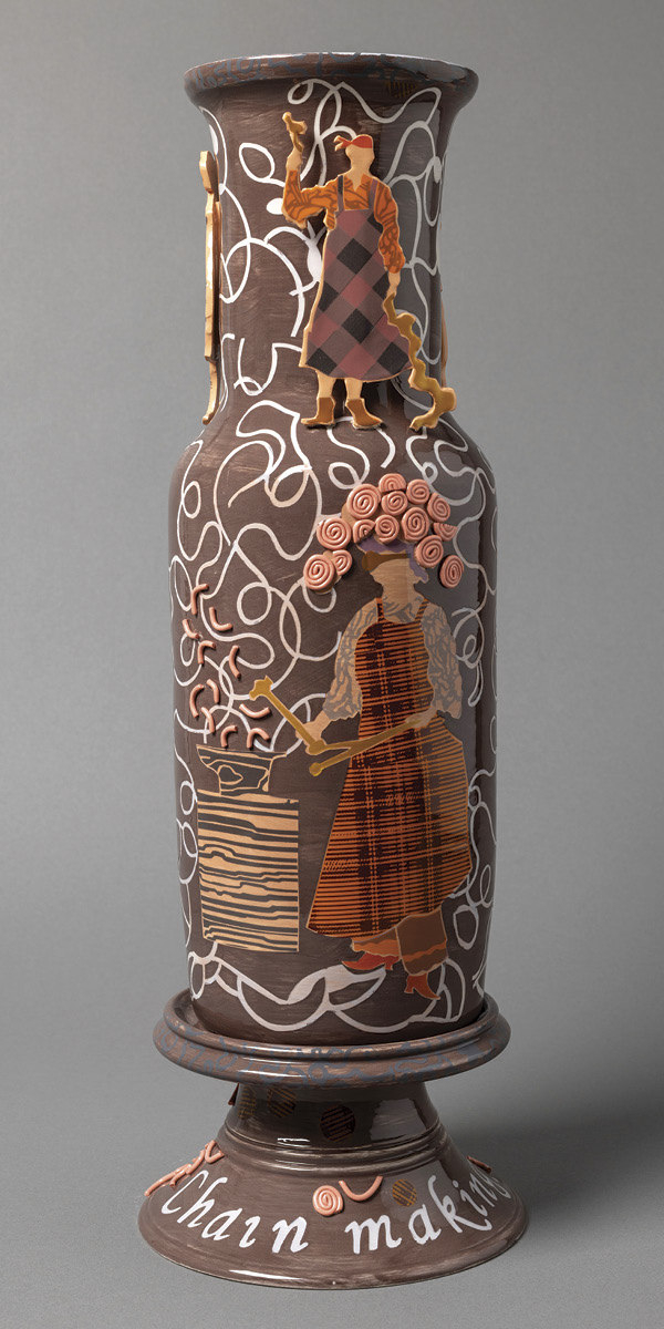 1 Charlotte Hodes’ Chain Making, earthenware, colored slip, hand-cut enamel transfer, 2025.