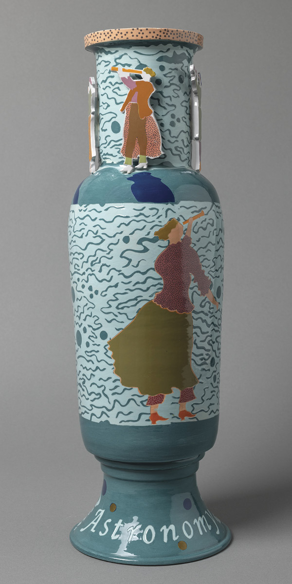 3 Charlotte Hodes’ Astronomy, earthenware, colored slip, hand-cut enamel transfer, 2025.