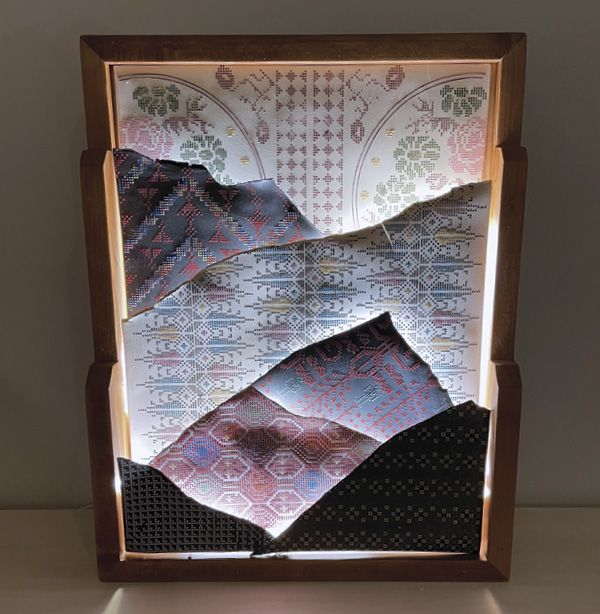 7 Pam Totah’s untitled, stoneware, porcelain, LED lighting, wood frame.