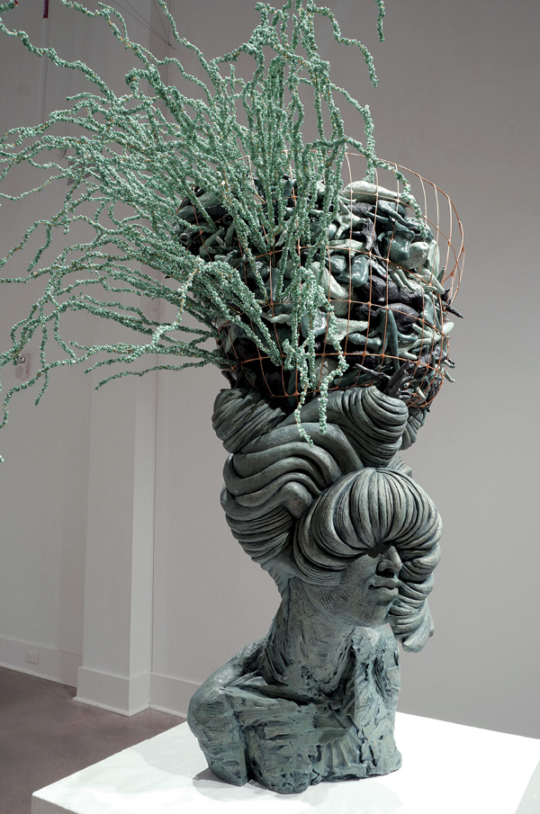 2 Misty Gamble's Gold Penciled Hamburg, 5 ft. (1.52 m) in height, ceramic, metal, faux fauna, 2023.