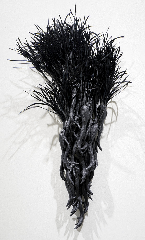 4 Misty Gamble's La Poule Noire, 27 in. (68.6 cm) in height, ceramic, feathers, chain, tassels, 2025.