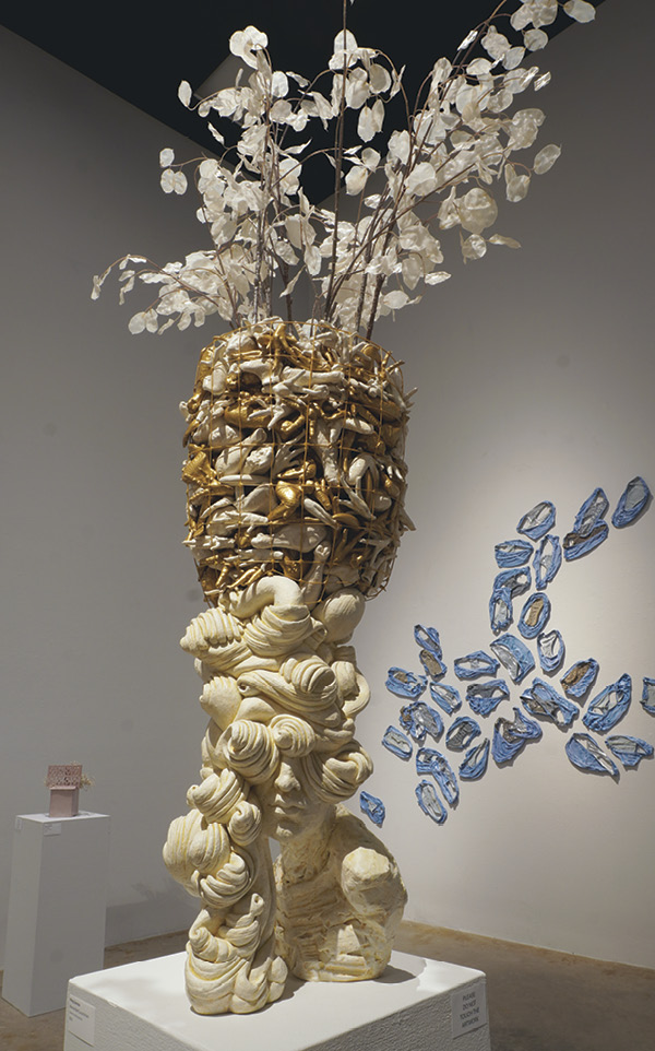 5 Misty Gamble's Bearded Buff Laced Polish, 63/4 ft. (2 m) in height, ceramic, metal, faux flora, 2023.