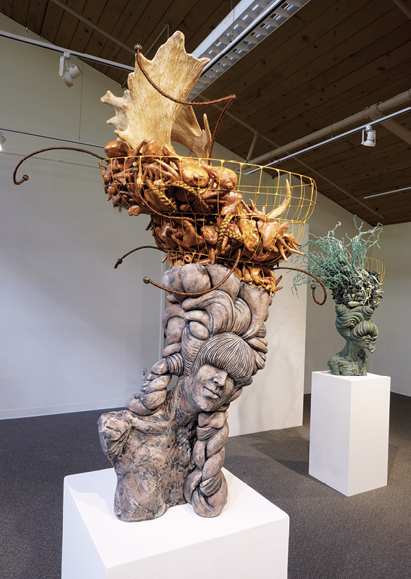 10 Misty Gamble's Mille Fleur Belgian D’uccle, 4 ft. 2 in. (1.3 m) in height, ceramic, metal, horns, synthetic hair, 2023.
