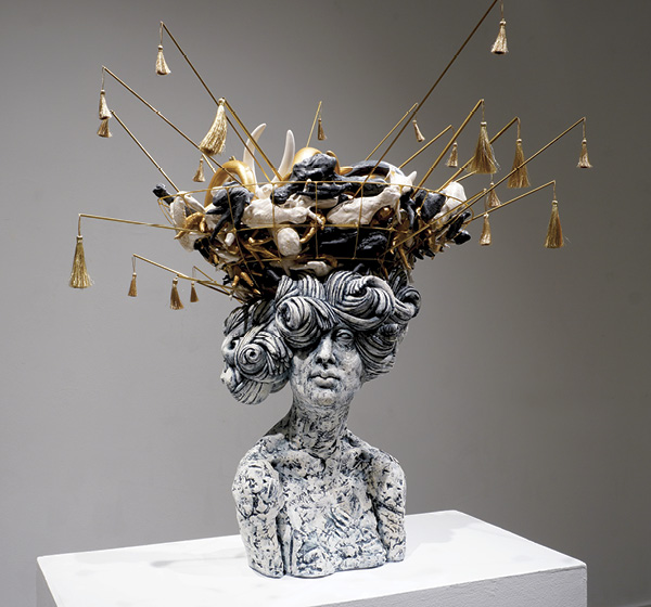 11 Misty Gamble's Russian Orloff, 3 ft. 9 in. (1.1 m) in height, ceramic, metal, tassels, 2023.