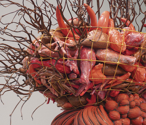 13 Misty Gamble's Partridge Plymouth Rock (detail), 5 ft. (1.5 m) in height, ceramic, metal, faux flora, 2023.