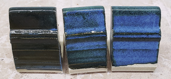 3 The fired results and a great visual example of the effectiveness of mixing: Left = 10 seconds; middle = 30 seconds; right = 60 seconds.