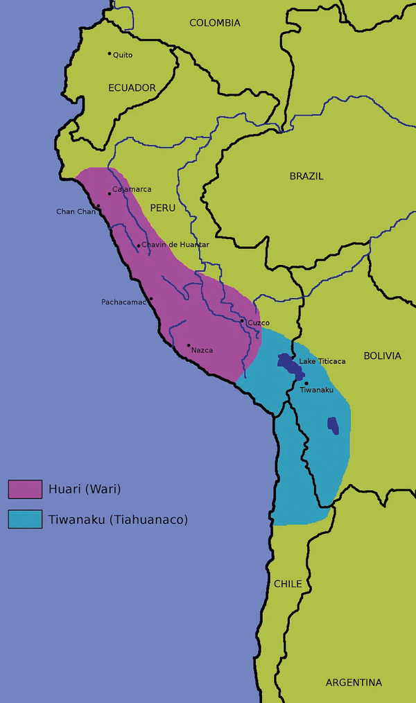 2 A map illustrating the extent of the Wari civilization (purple), which flourished in Peru between 450–1000 CE. The extent of the contemporary Tiwanaku culture is indicated in light blue. Photo: JohnnyMr Ninja (Public Domain).