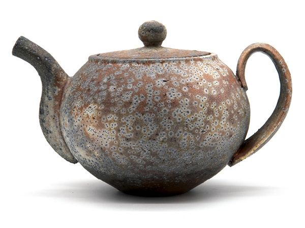 1 Stuart Gair’s teapot, 7 in. (18 cm) in width, wheel-thrown stoneware with handbuilt components, soda fired to cone 9, 2022.