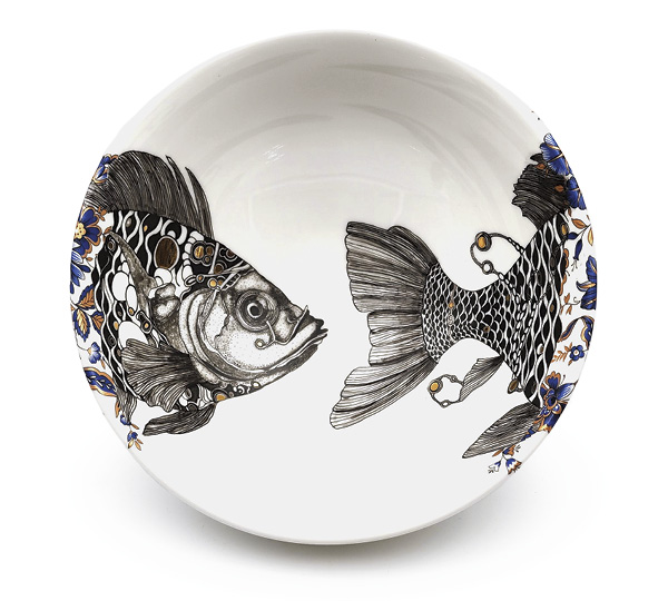 3 Melanie Sherman’s Poisson en Mission, 9 in. (23 cm) in diameter, porcelain, glaze, fired to cone 10, hand-painted overglaze design, vintage flower decal, German platinum, 24K gold luster, fired to cone 018, 2023.