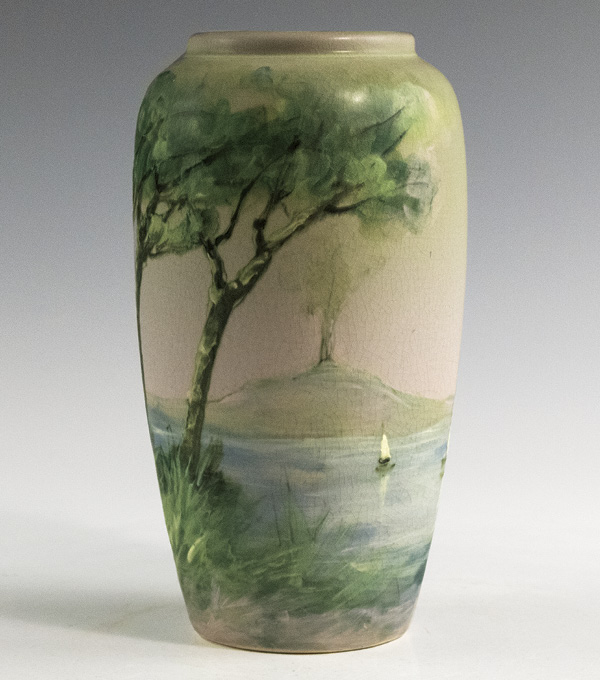 1 Hudson (Scenic) Vase Featuring a Landscape with a Volcano, Weller Pottery Company, decorated by Hester W. Pillsbury, 8½ in. (22 cm) in height, earthenware, glaze, underglaze, mid 1920s.