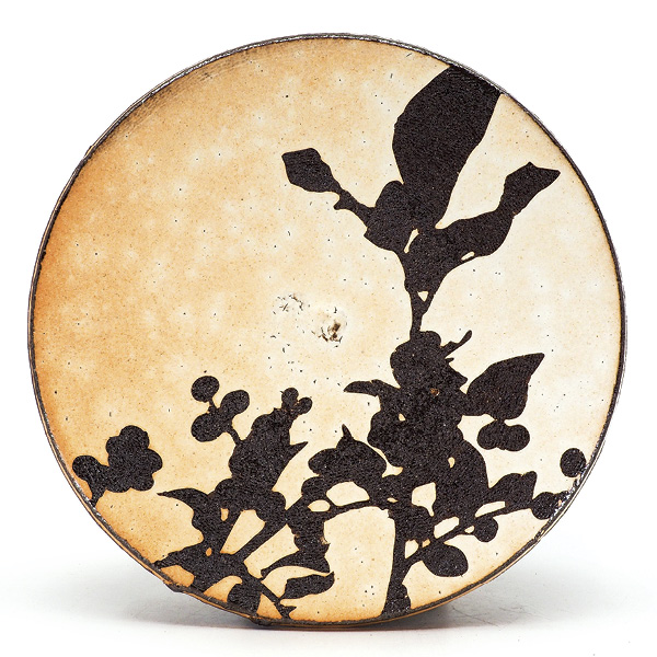 3 Summer Chokecherry Plate, Bray Series, 91/2 in. (24 cm) in diameter, Lizella clay, underglaze, porcelain slip, soda fired to cone 7, 2022. Photo: Marisa Falcigno.