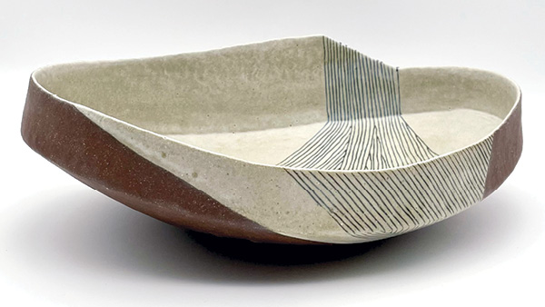 Graphic Boat Bowl, 18 in. (46 cm) in length, stoneware, glaze, inlaid stain, 2022.