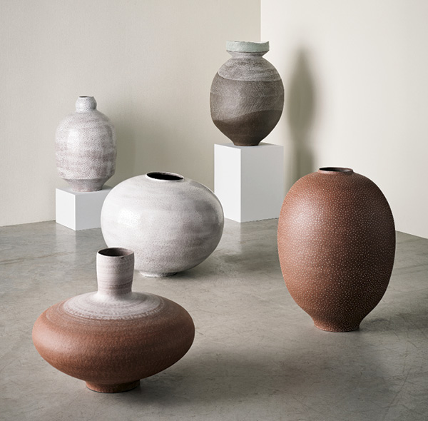 Large Vessel Grouping, to 24 in. (61 cm) in height, stoneware, slip, glaze, 2022. Photo: Josh Grubbs.