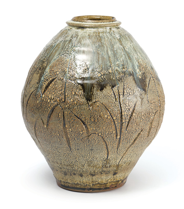 8 Textured vase, 12 in. (30 cm) in height, stoneware, granite/ash glaze with Nuka-type glaze on the shoulder.