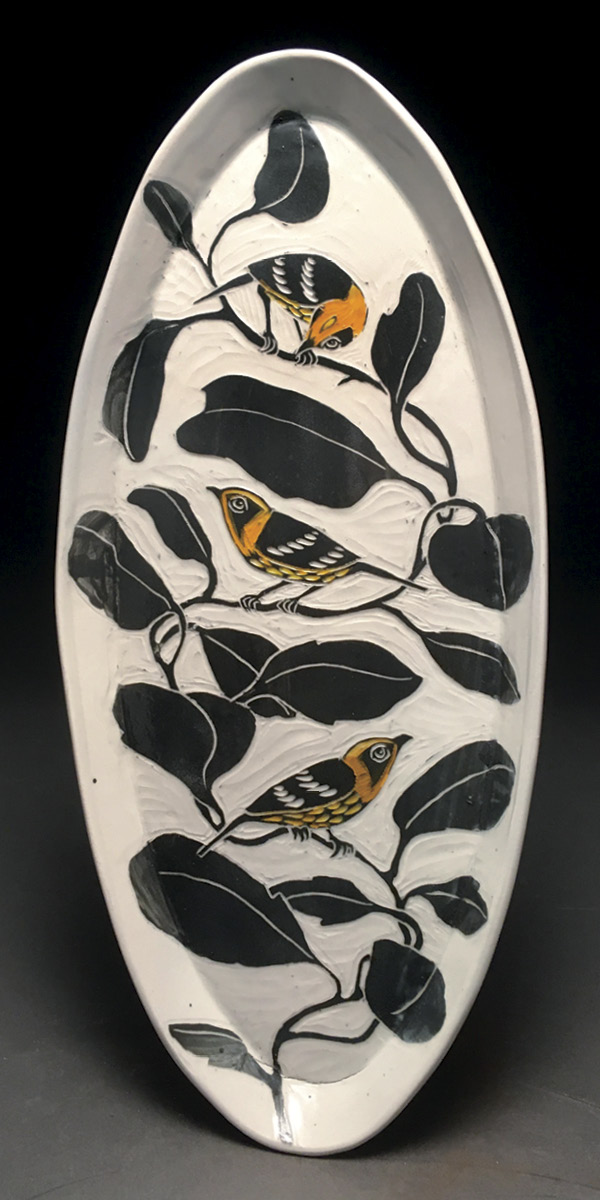 Three Birds oval platter, 14½ in. (37 cm) in length, Grolleg porcelain, Shaner’s Clear glaze, Black Slip, Amaco underglaze, fired in reduction to cone 10, 2021.