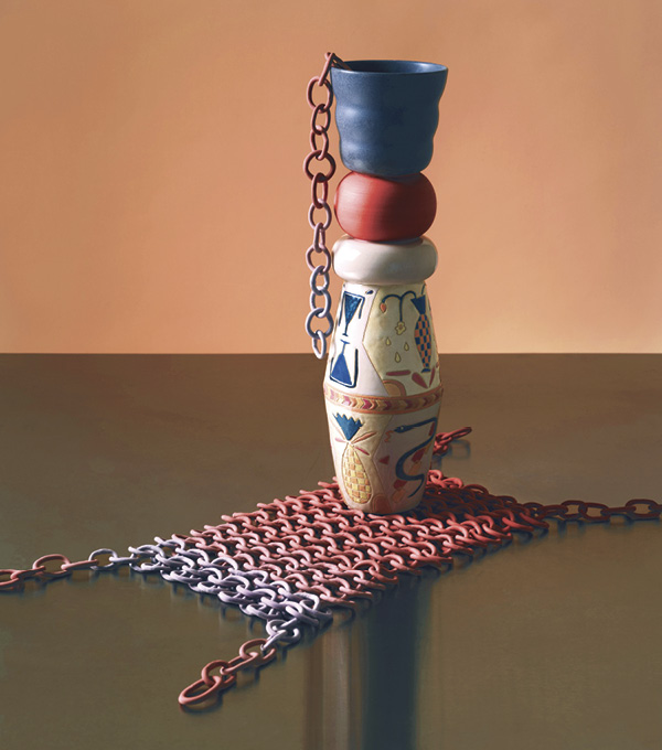 2 Etty Anderson's Vase and ombré chain-mail carpet, shown at the 2023 Révélations International Biennial of Crafts and Creation in Paris.