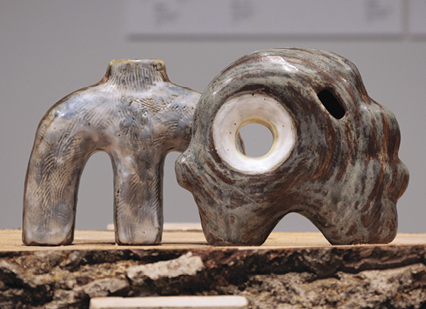 1 Miwa Neishi’s (left to right): Creek, 61/2 in. (16.5 cm) in width, clay, glaze, 2024; Orbit, 6 in. (15.2 cm) in width, clay, glaze, 2024. Photo: Reagan West-Whitman.