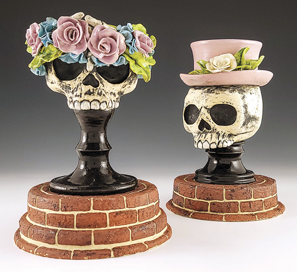 3 Andrea Garcia’s Madame Rose and Uncle Jocko, to 91/4 in. (23.5 cm) in height, stoneware, slips, underglaze, glaze, fired to cone 6 in an electric kiln, 2024.