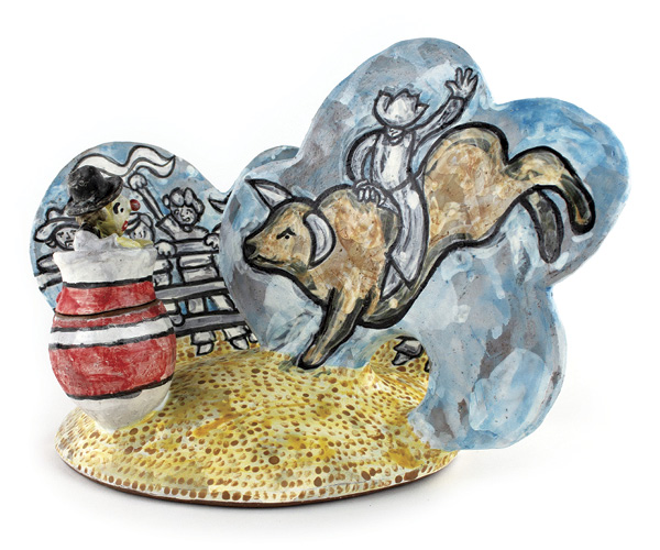 6 Peter Jadoonath's Rodeo Salt Cellar, 13 in. (33 cm) in width, handbuilt red clay, fired to cone 3 in an electric kiln.