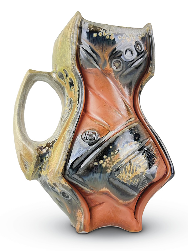 Samuel Newman's Atomic Flame Maker’s Mug, 51/2 in. (14 cm) in height, Laguna B-Mix 10 (porcelaneous stoneware), thin spray application of Murphy’s Flashing Slip, fired to cone 12 in a 108-hour wood-fired anagama kiln, 2023.