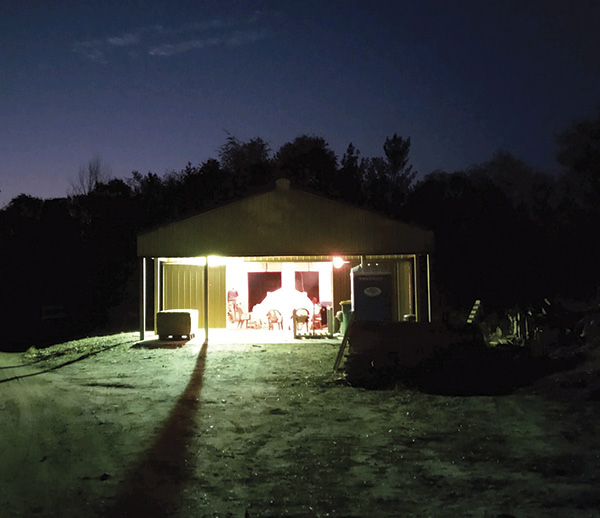 Samuel Johnson's kiln shed at night.