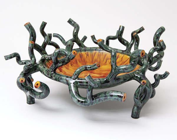 4 Walter Keeler's Flailed Hedge Bowl, 173/8 in. (44 cm) in width, earthenware, green polychrome, fired in an electric kiln, 2017. Photo: Goldmark Gallery.