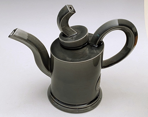 5 Walter Keeler's Teapot, 77/8 in. (20 cm) in height, earthenware, ink wash glaze, fired to cone 4–6 in an electric kiln, 2024.