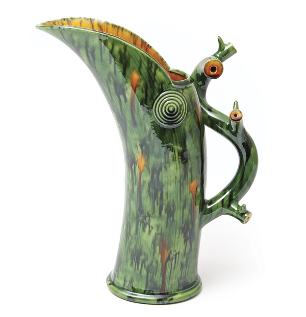 6 Walter Keeler's Medium Extruded Jug with Branched Handle, 113/4 in. (30 cm) in height, earthenware, green polychrome, fired in an electric kiln, 2017. Photo: Goldmark Gallery.